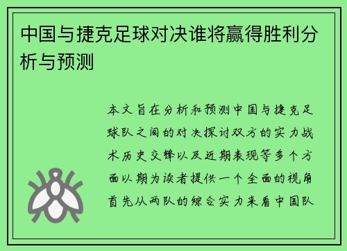 中国与捷克足球对决谁将赢得胜利分析与预测